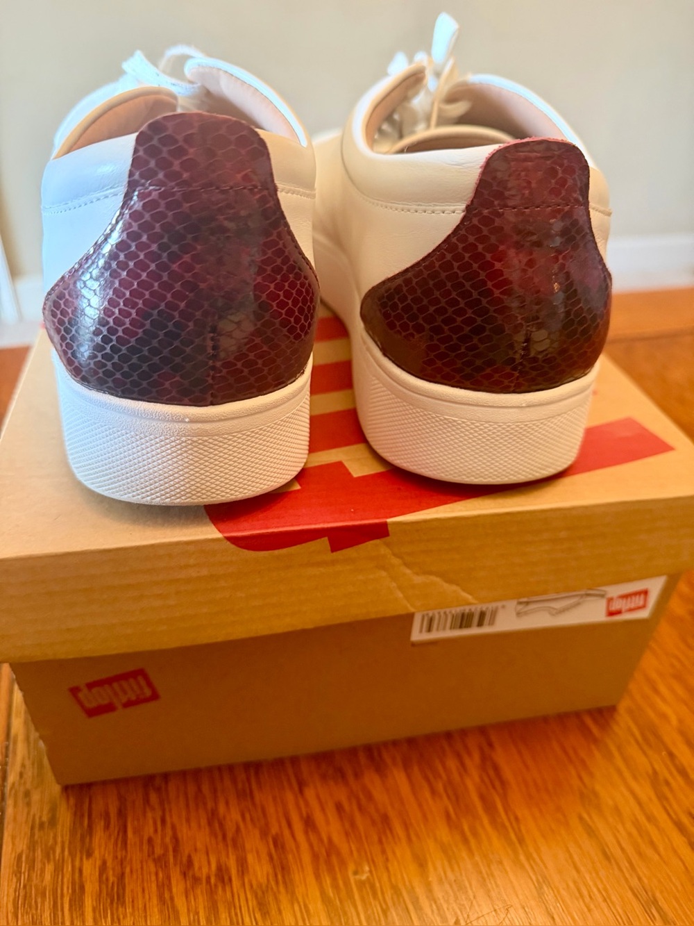 White Sneakers with Burgundy Snakeskin Heel Accent